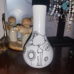 Charming White Cat Vase with Black Floral Design
